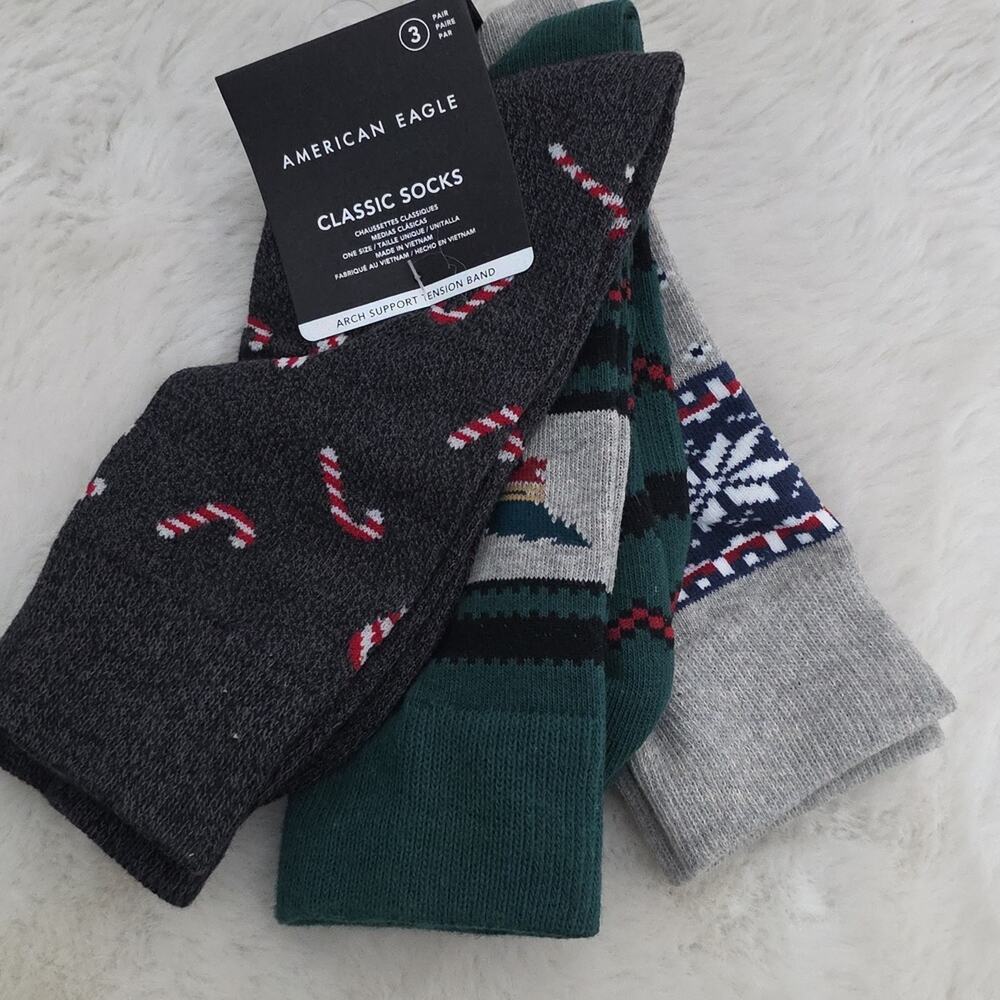 American Eagle Mens 3 Pack Holiday Socks Candy Cane Fair Isle Arch Support NWT